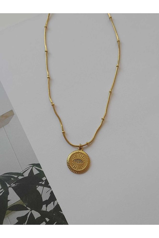 Steel Vintage Eye Detailed Gold Necklace