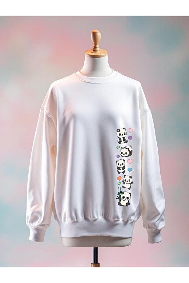 Baby Pandas Printed Cotton 3 Thread Oversize White Sweatshirt