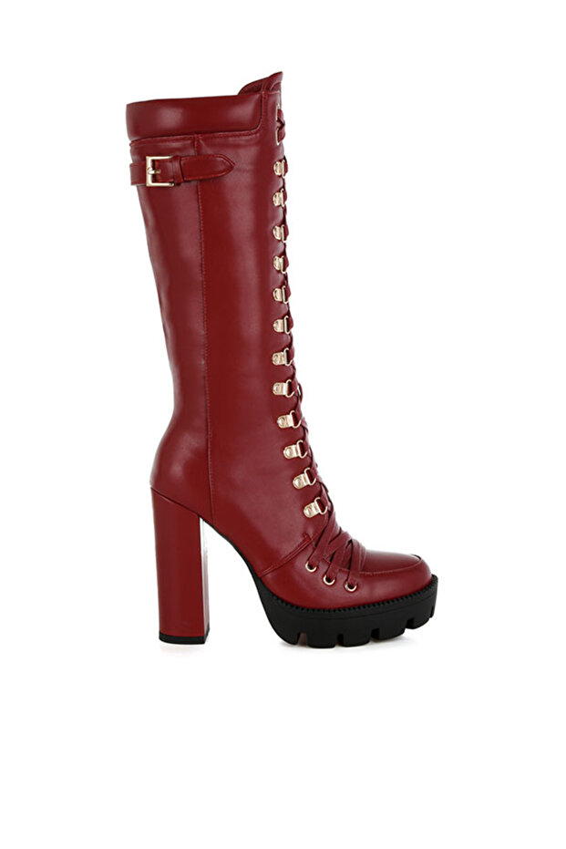 Women Burgundy Cushion Collared Lace Up Boots
