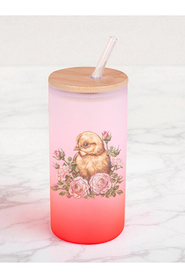 Rose Chick Printed 600 ml Glass Flask - Water Flask, Drinking Flask, Glass Flask with Glass Straw