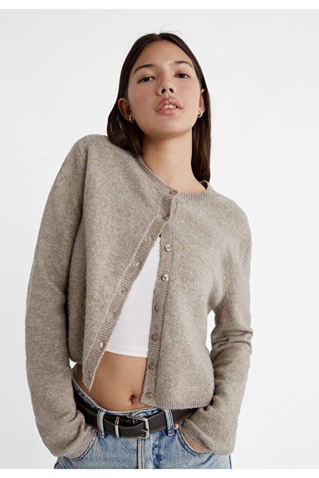 Basic Düğmeli Vizon Kadın Triko Hırka - 2