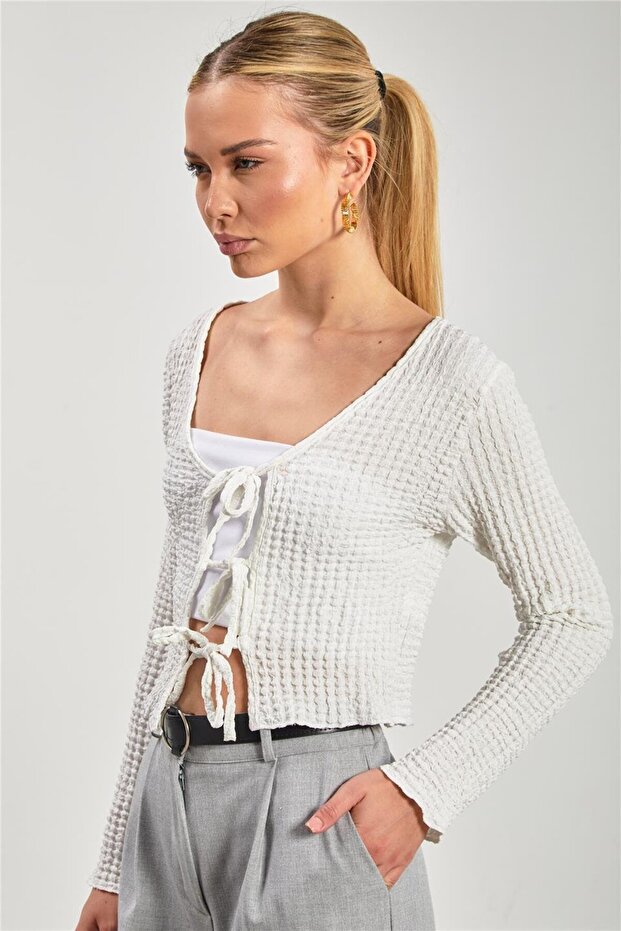 Women's Long Sleeve Cardigan with Tie Front - Ecru