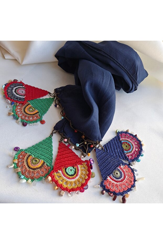 Handmade Cotton Crochet, Navy Blue Women's Scarf