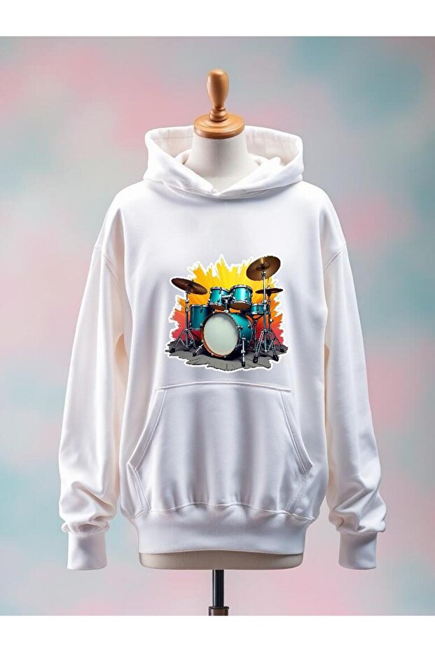 Drum Printed Cotton 3 Thread Oversize White Sweatshirt