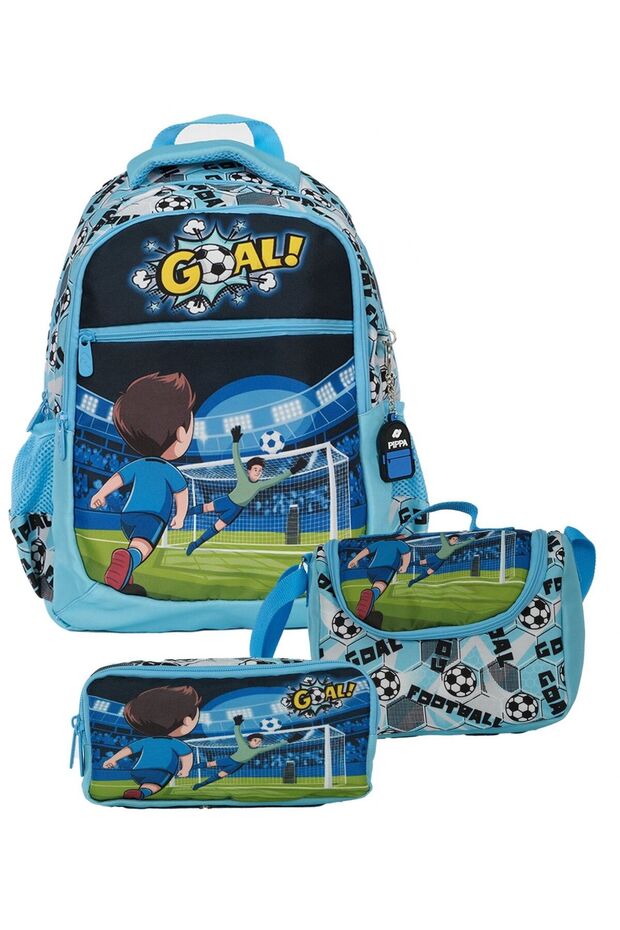 Boy's Three-Eyed Blue Primary School Triple School Bag Set - Football - Ppset5285