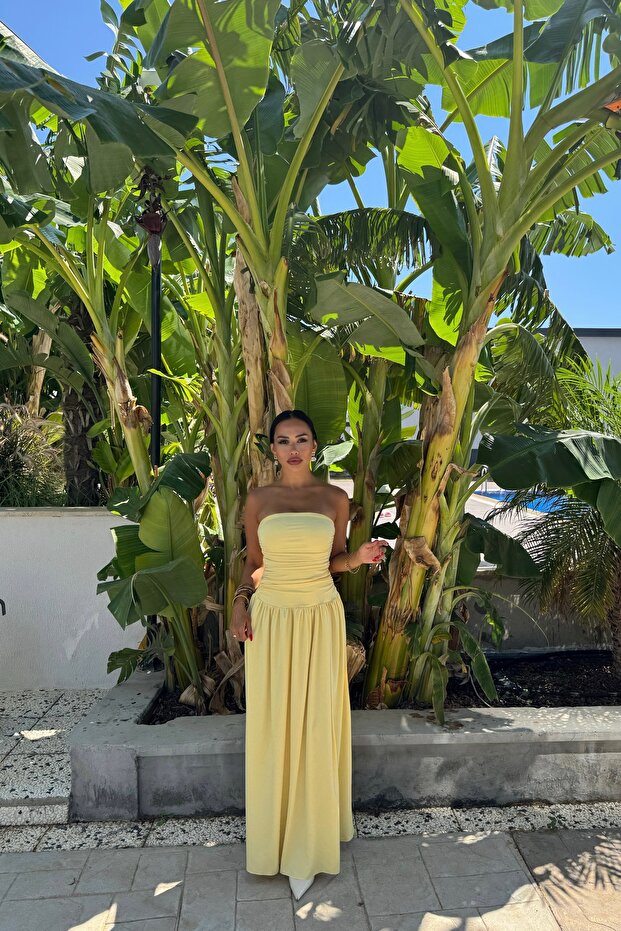 Drapeli Straplez Uzun Elbise - 1