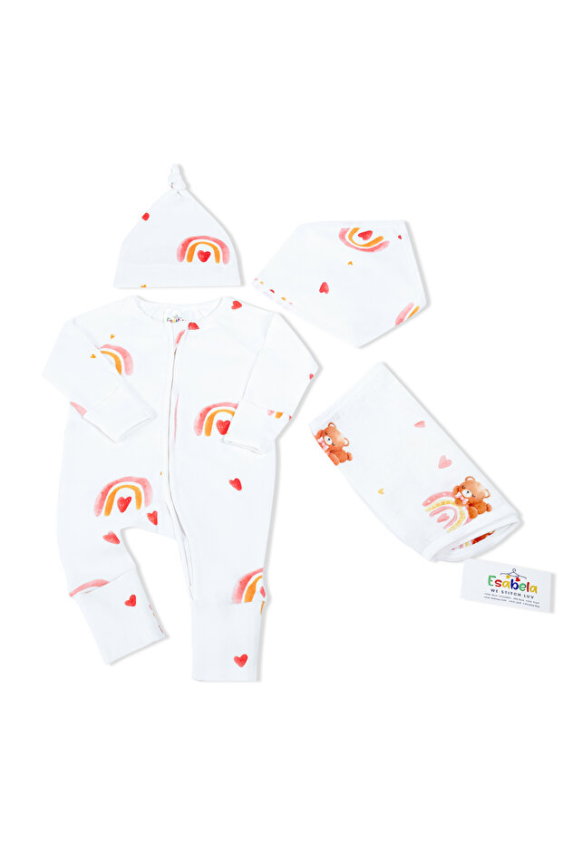 Rainbow Pink Teddy Bear Baby Set Combo 4 Pcs , Sleep suit/Burp cloth/Hat/Bib