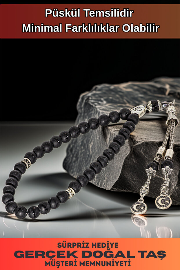 Men's Natural Stone Rosary - Medium Size Rosary with Natural Zulfiqar Sword Embroidered Black Onyx Stone