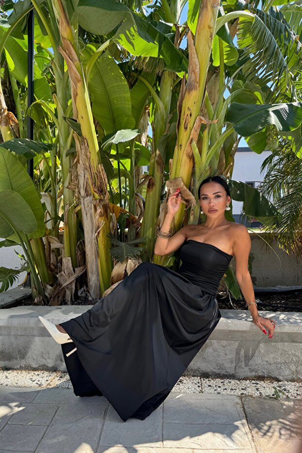 Drapeli Straplez Uzun Elbise - 2