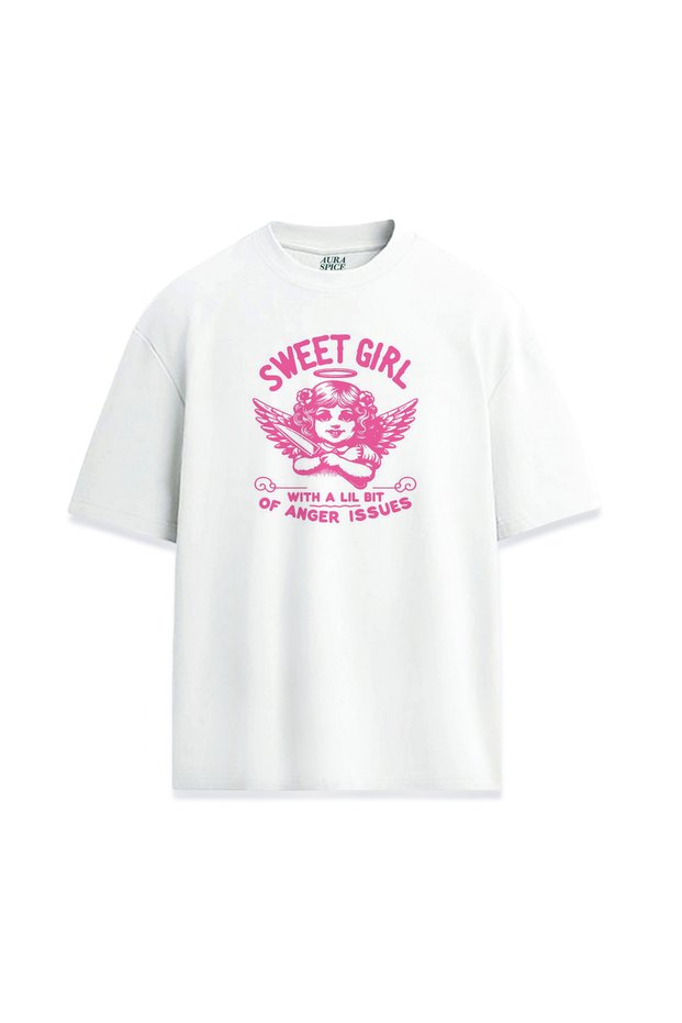 Sweet Girl Psycho Written Pink Print Unisex Relaxed T-Shirt