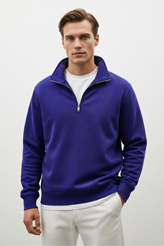 Men's Half Zipper Casual Cobalt Blue Sweatshirt