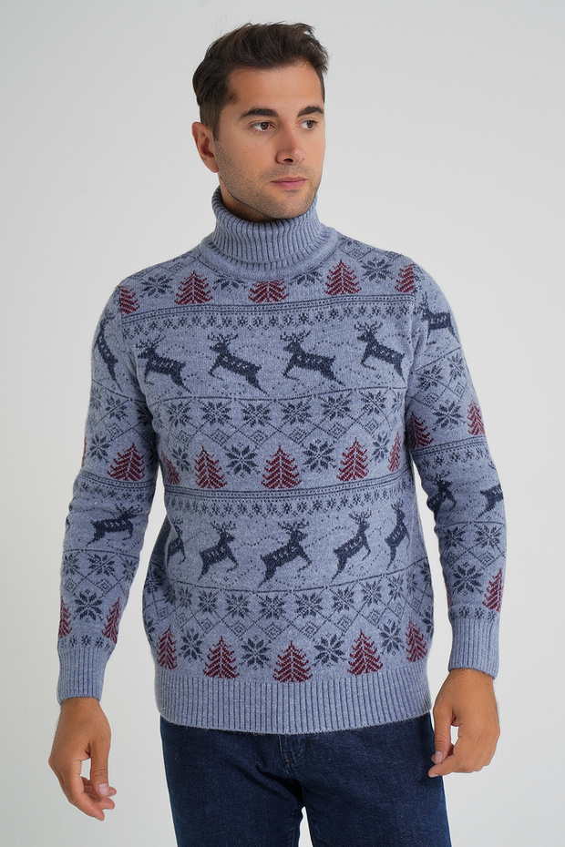Trist Star Men's Aviator Full Turtle Neck Jacquard Deer Wool Christmas Sweater Trist-5361