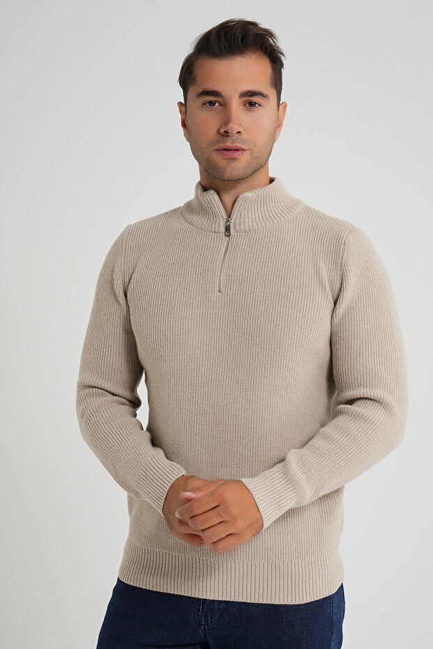 Men's Beige Short Zip-Up Standing Collar Selanik Knitted Wool Sweater Trist-5358