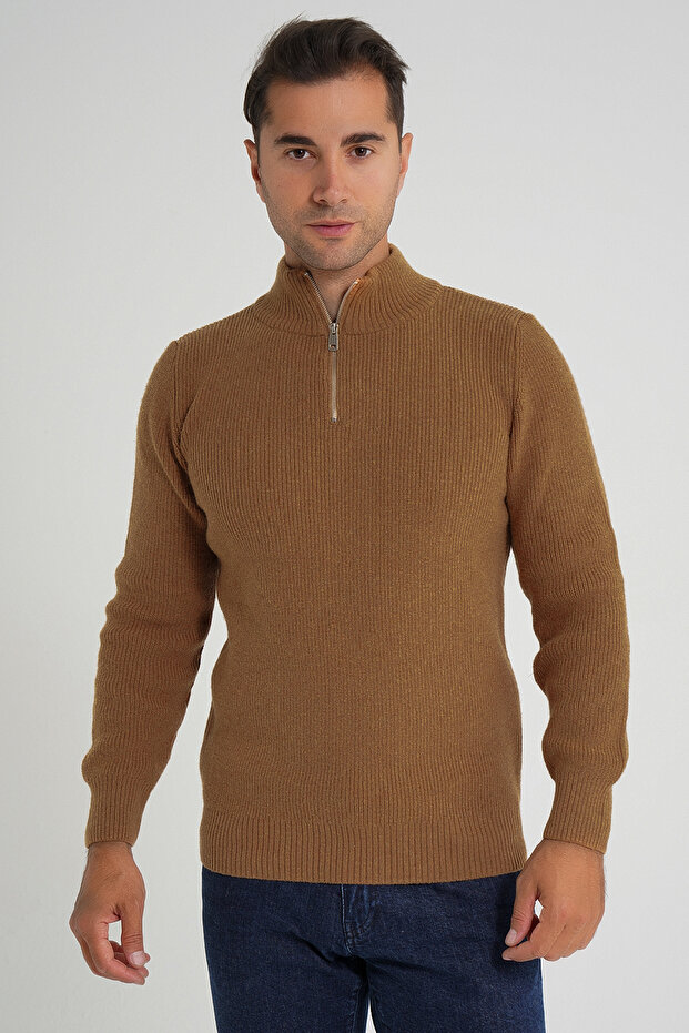 Men's Mustard Short Zip-Up Standing Collar Selanik Knitted Wool Sweater Trist-5358