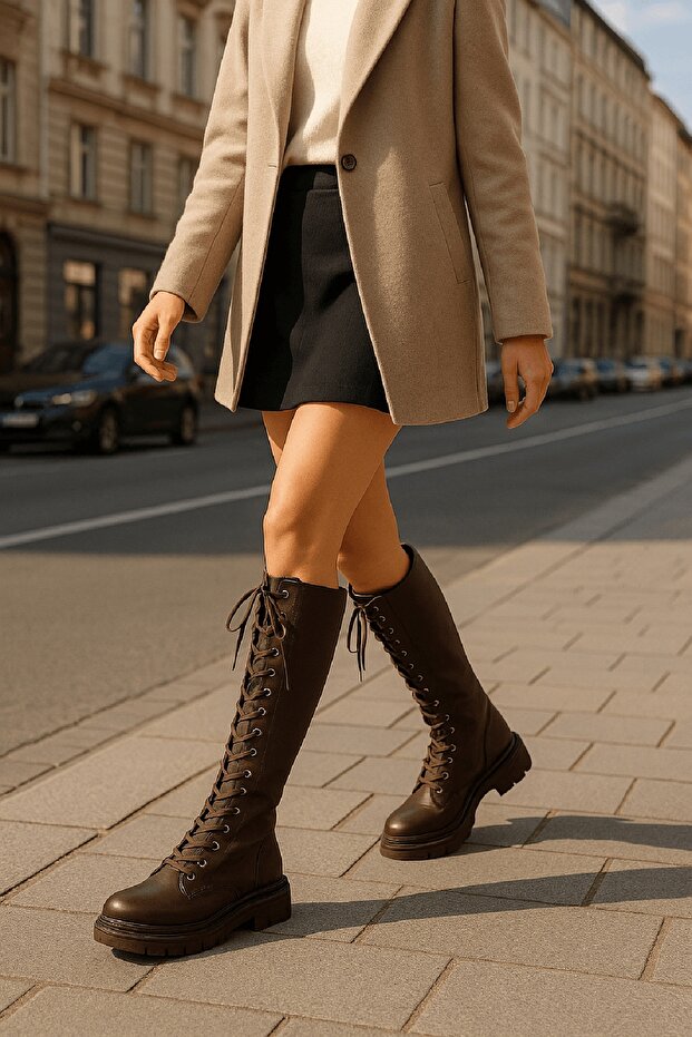 Bany Brown Lace-Up Side Zipper Casual Women's Boots