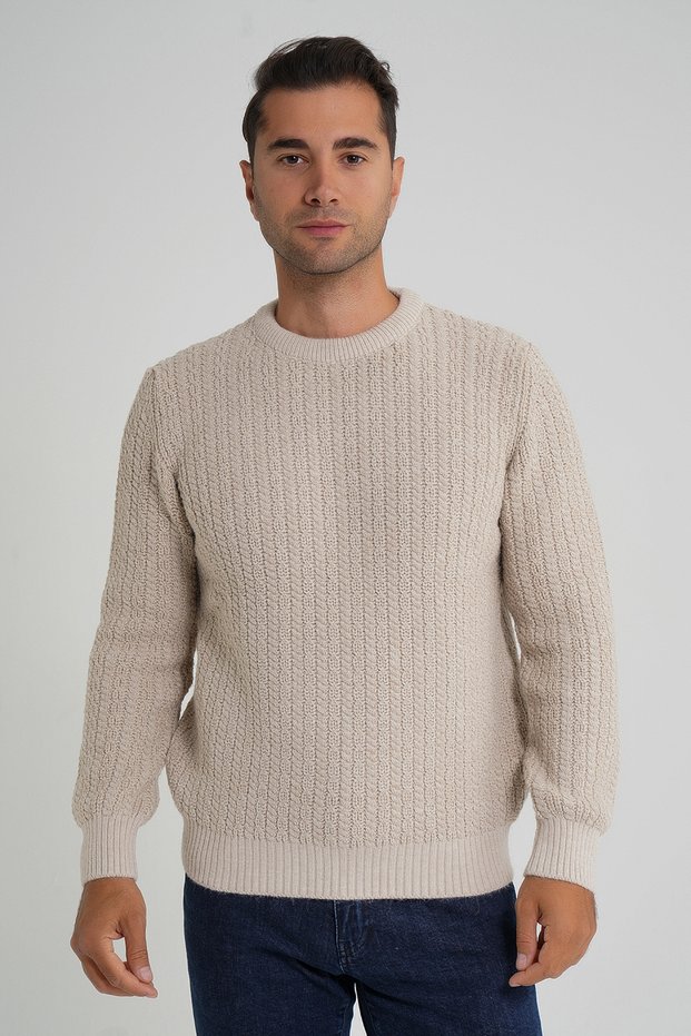 Trist Star Men's Beige Cycling Collar Selanik Hair Braided Wool Sweater Trist-5352