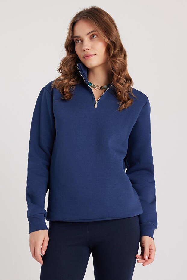 Women's Relax Fit Comfortable Cut Cotton Inside Fleece Half Zipper Navy Blue Stand Collar Sweatshirt