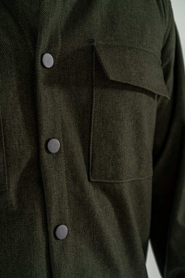Men's Khaki Oversize Shirt Jacket with Flap, Double Pockets and Snap Fasteners - 6