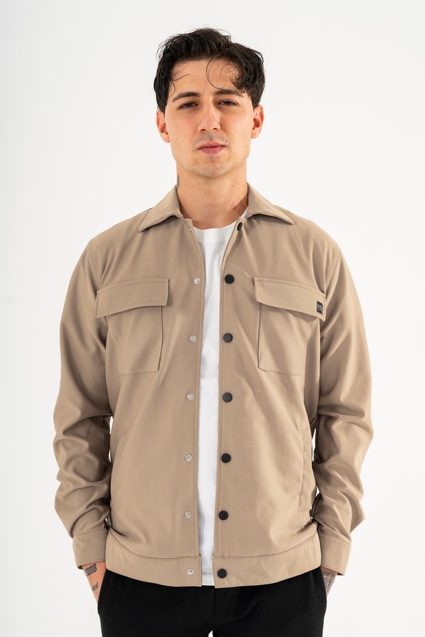 Men's Stretch Fabric Shirt Jacket Casual Fit Double Flap Pocket Snap Closure 4-Pocket Camel