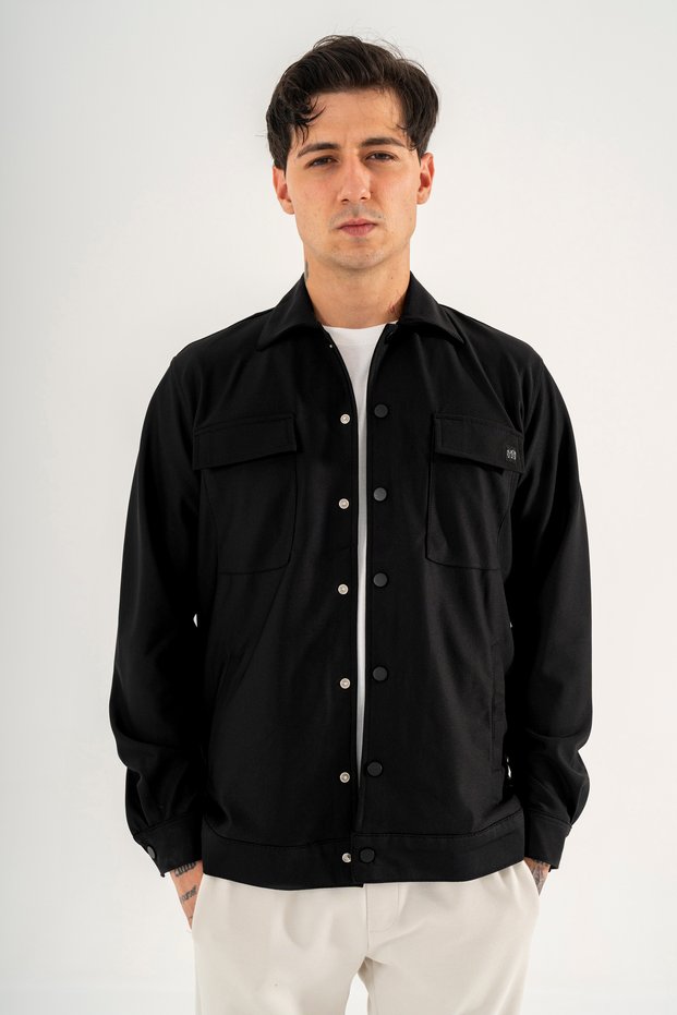 Men's Black Relaxed Fit Shirt Jacket with Flap, Double Pockets and Snap Fasteners