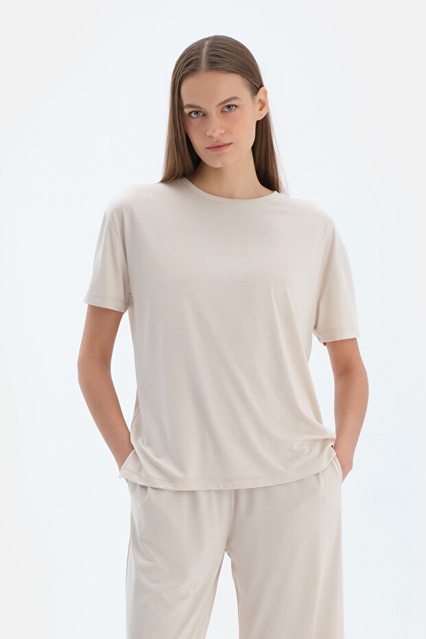 Krem Kısa Kollu Basıc Modal Tişört - 1