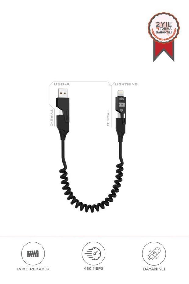 U110 Siyah 4'ü 1 arada ( Type-c , Lightning , USB-A,) 65 W Super Hızlı Akordiyonlu Şarj Kablo - 1