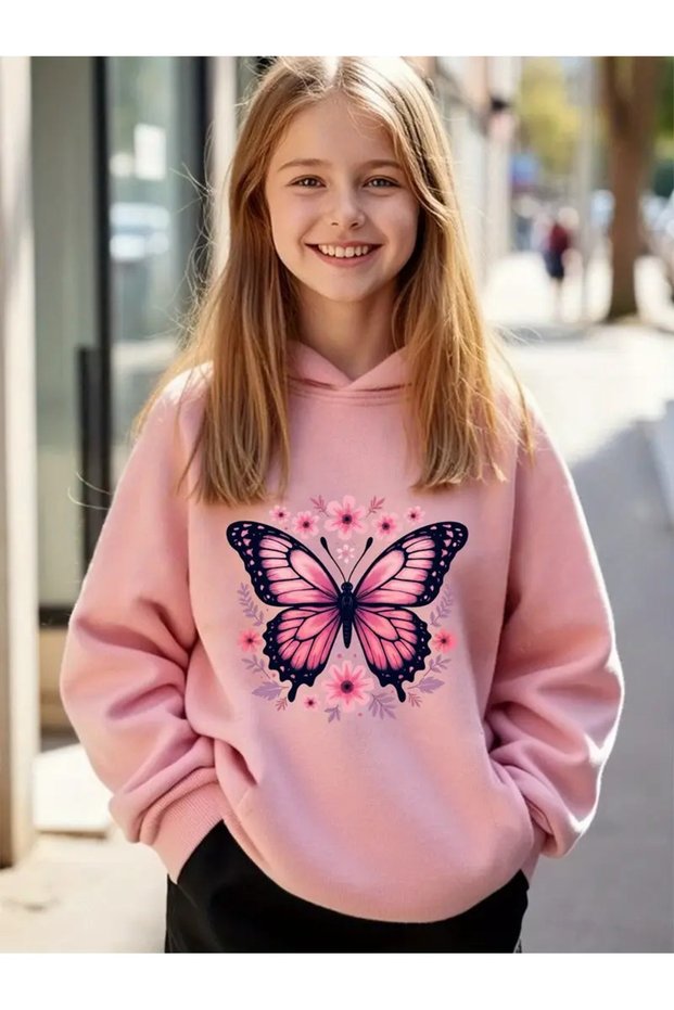Winter Hooded Sweatshirt, Kids Pink Butterfly Printed