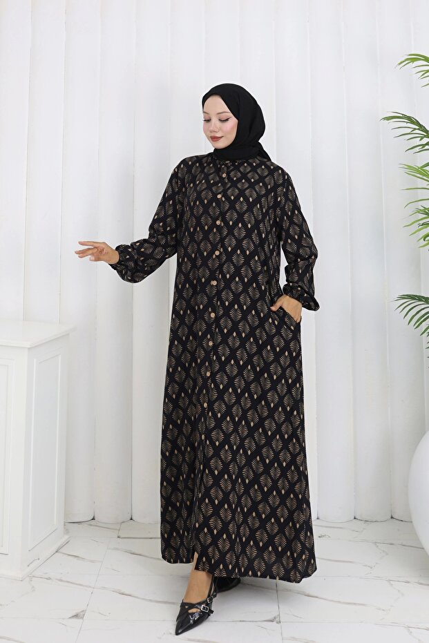 Buttoned Leaf Pattern Dress Black Brown