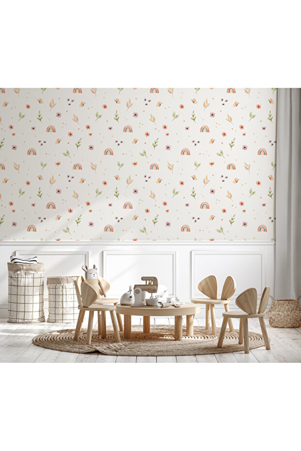 Minimal Gökkuşağı ve Yapraklar Desen Takibi Rainbow Çocuk Odası Duvar Kağıdı - 3