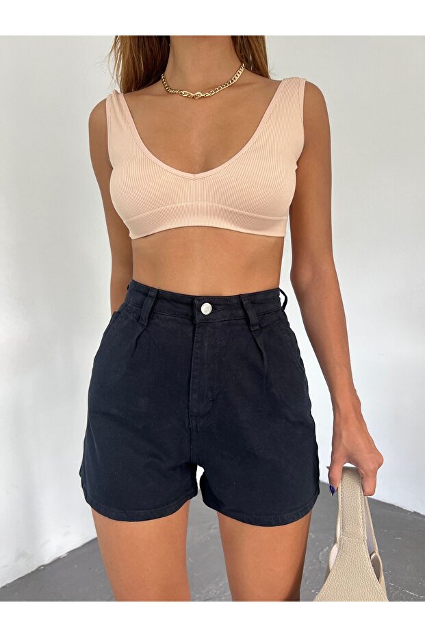 Çift Cepli Pileli Mini Denim Şort