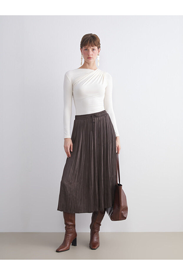 İzr New Season Elastic Waist Satin Pleated Skirt