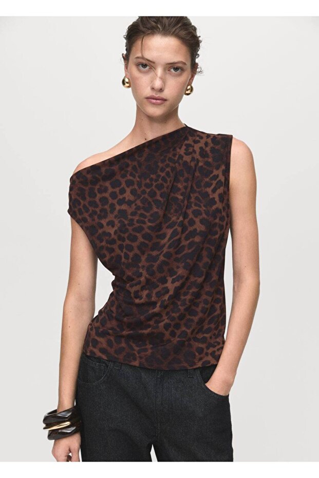 Asymmetrical Neckline Leopard Print Blouse