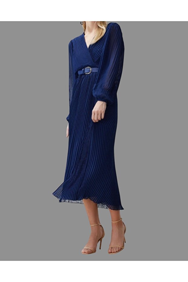 Lacivert Kemerli A Kesim Piliseli Maxi Astarlı Şifon Uçuş Uçuş Dokuma Elbise - 2