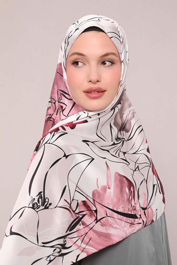 Pembe Soyut Çiçek Desen Twill Şal - 1