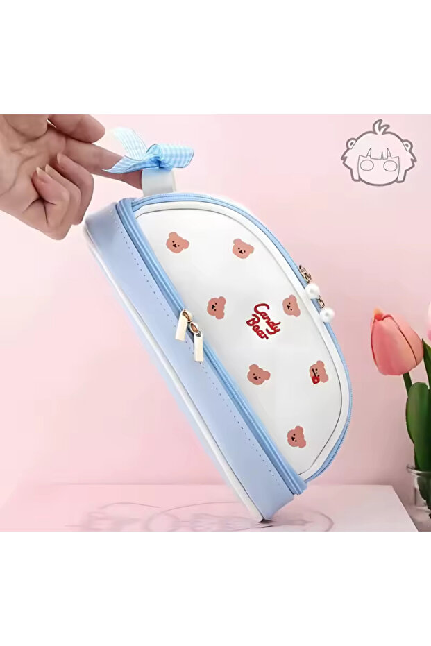حافظة أقلام رصاص جلدية كبيرة الحجم وواسعة بتصميم دب تيدي مع حقيبة مكياج بحجرة مزدوجة