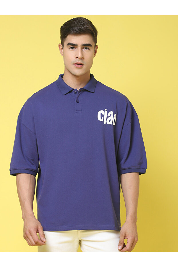 Men Navy Blue Graphic Print Oversized Polo T-Shirt