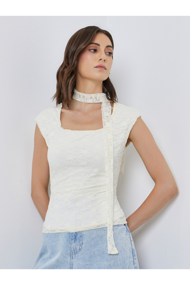 Embellished Lace Square Neck Top