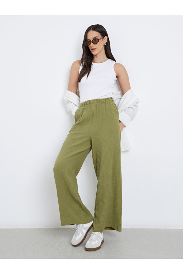 Women Khaki Double Gauze Wide Leg Pants