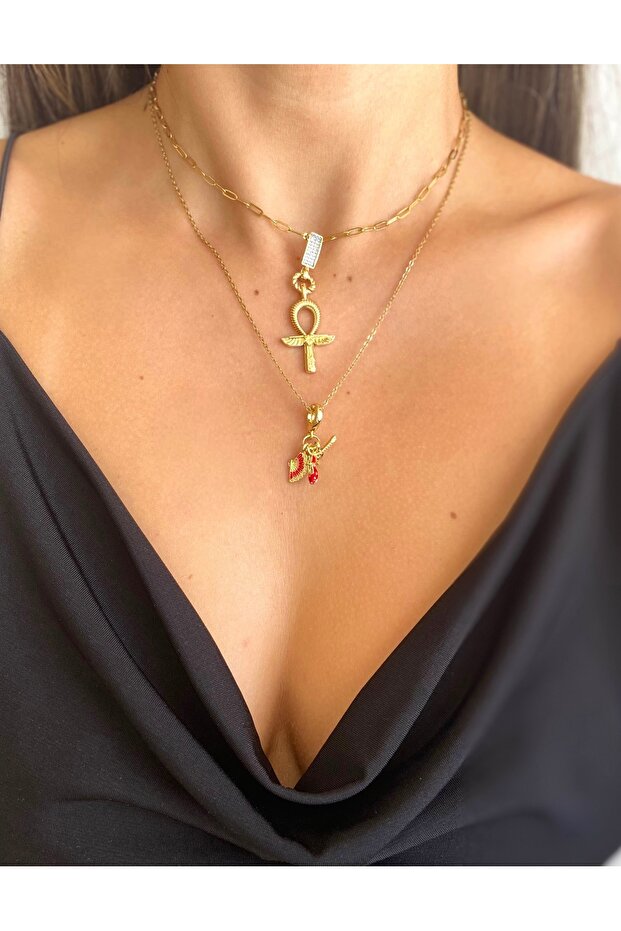 Ankh Kanatlı Gold Çelik Kolye - 6