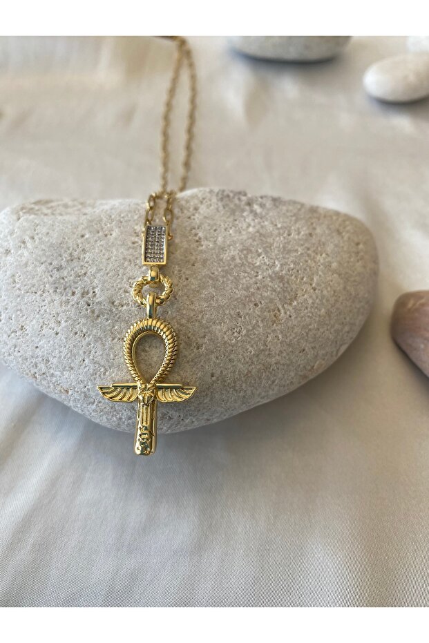 Ankh Kanatlı Gold Çelik Kolye - 4