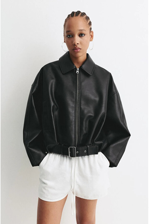 Oversized Belted Bomber Leather Jacket