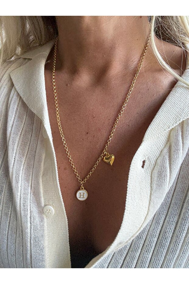 Gold Enamel Letter H Heart Necklace