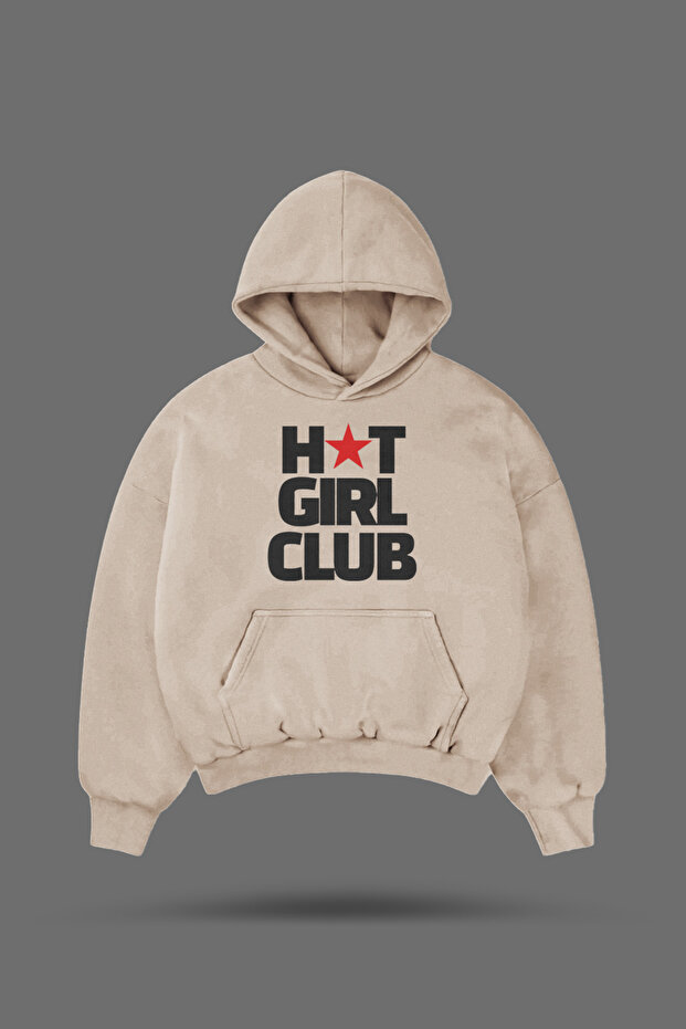 Oversize Hot Girl Club Printed Hooded Beige Sweatshirt