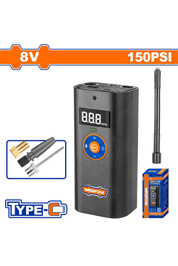 منفاخ هواء بطارية 8 فولت (150PSI / 10Bar) — WAAM572 (نظام شحن USB نوع C، والبطارية مدمجة.)