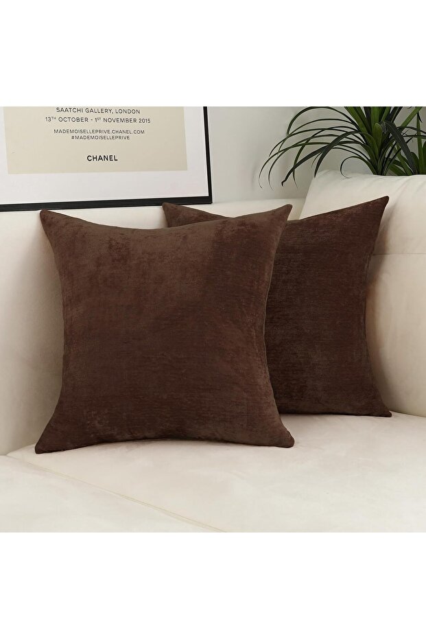 Set of 2 Velvet-Textured Cushion Covers Standard Size Dark Brown Soft Velvet-Textured Plain Cushion Cover