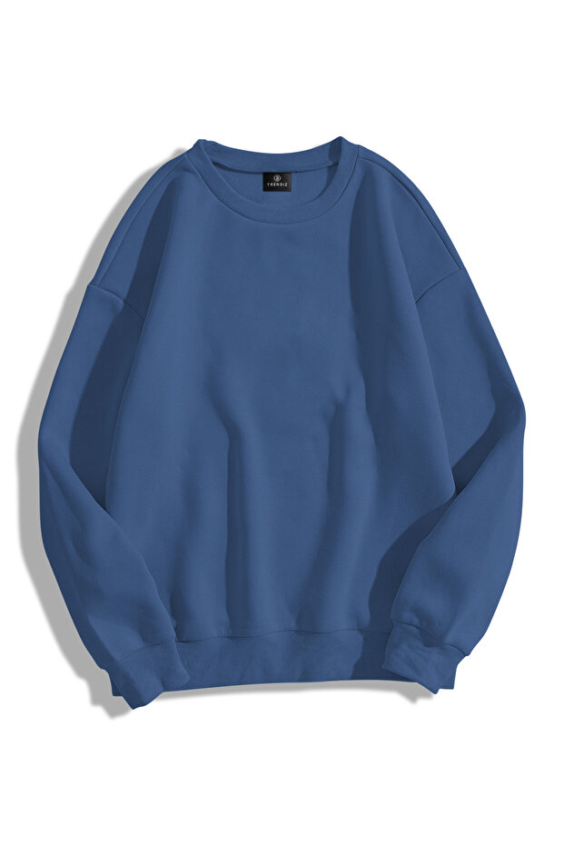 Unisex Basic Bisiklet Yaka Sweatshirt İndigo - 1