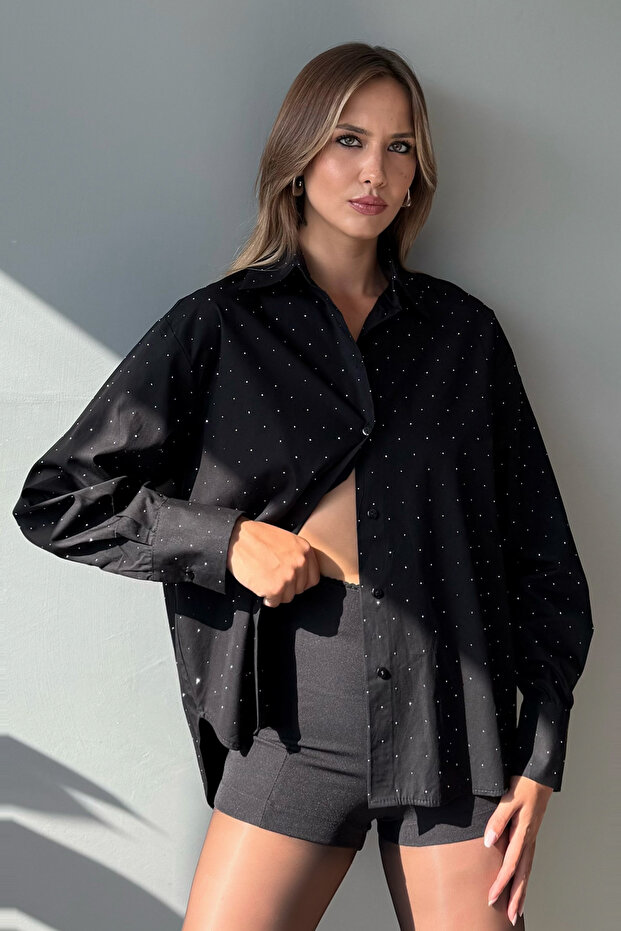 Siyah Taş Baskılı Oversize/Geniş Kalıp Gömlek TWOAW26GO00095 - 2
