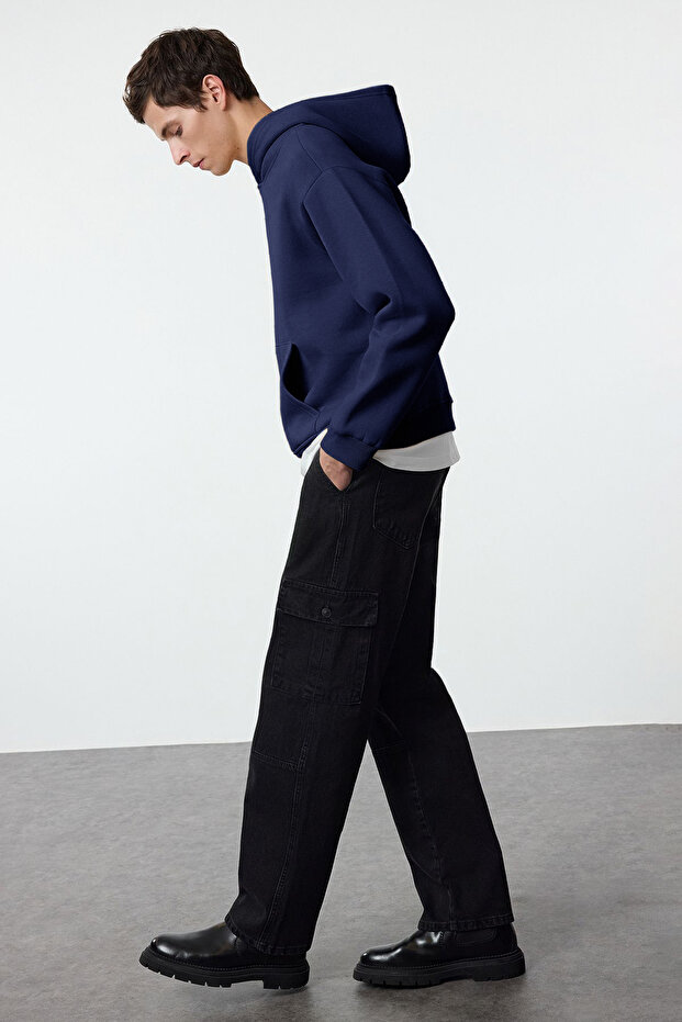 Lacivert Oversize/Geniş Kesim Sırtı Nakış Detaylı Kapüşonlu Sweatshirt TMNAW25SW00142 - 5