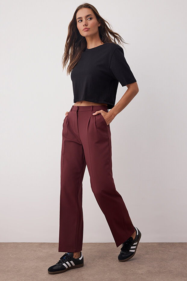Bordo Straight/Düz Kesim Pilili Dokuma Kumaş Pantolon TWOAW23PL00401 - 3