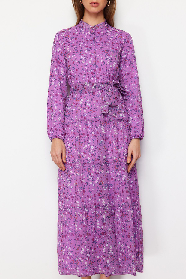 Liliowa, kwiatowa wzorzysta sukienka z paskiem i stójką, szyfonowa, tkana sukienka TCTSS21EL3346 - 4